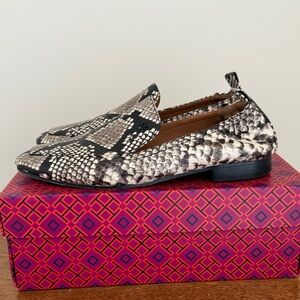 Tory Burch Black and Cream Snakeskin Loafers